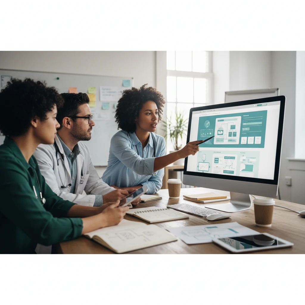Three medical professionals collaborate on medical website UX optimization, reviewing designs on a computer screen in a bright office with coffee and notebooks.